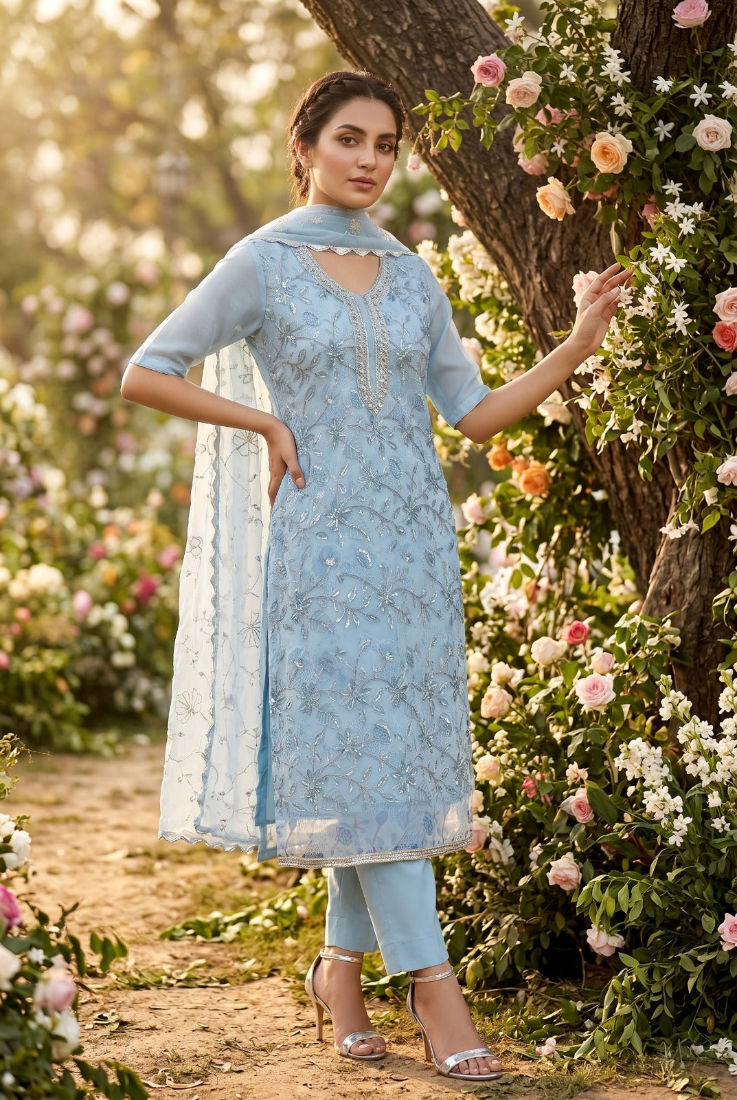 Ensemble Kurta rose et bleux ciel
