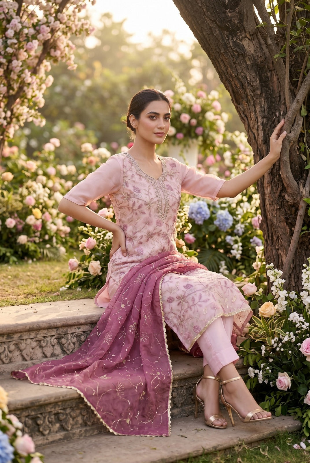 Ensemble Kurta rose et bleux ciel