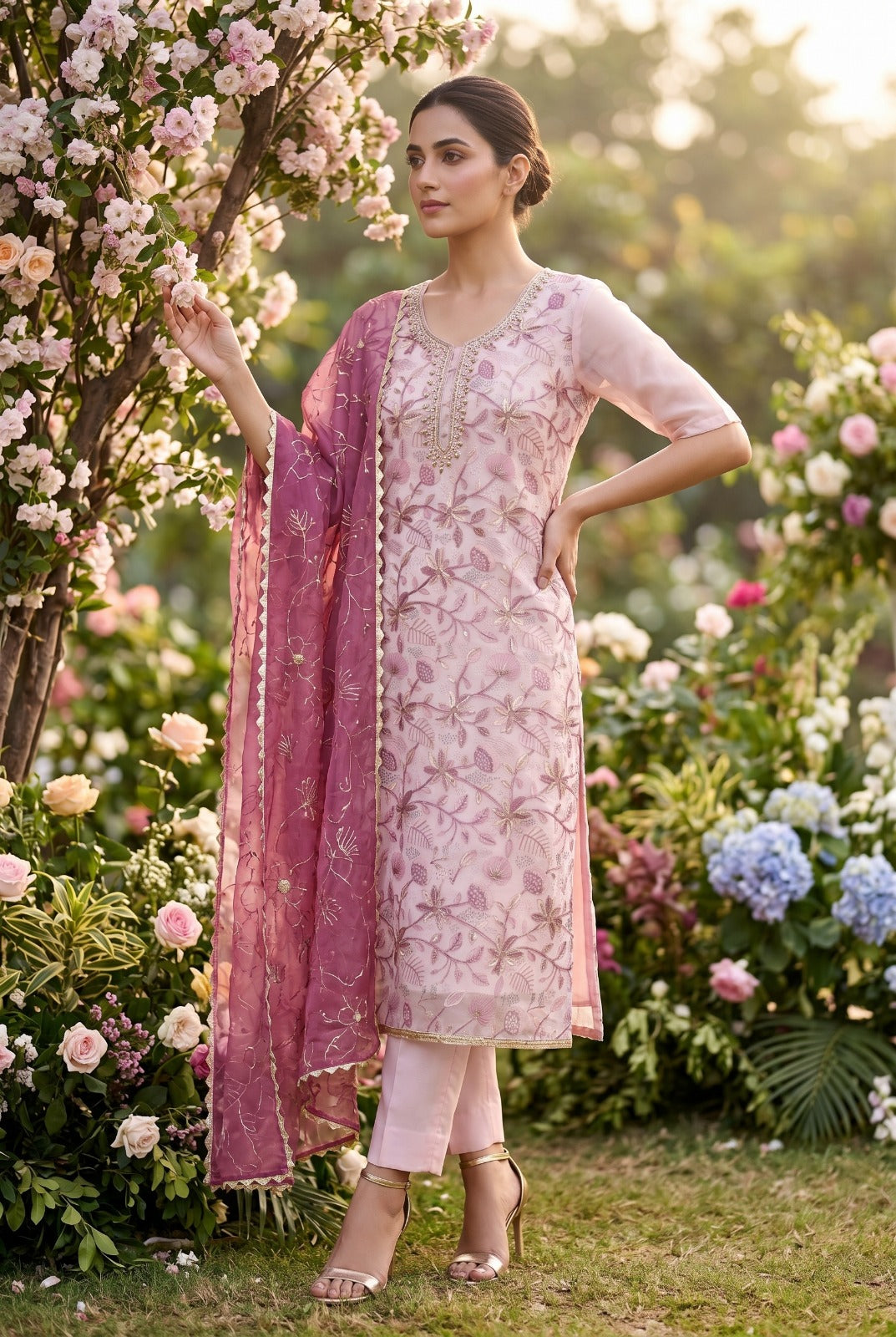Ensemble Kurta rose et bleux ciel